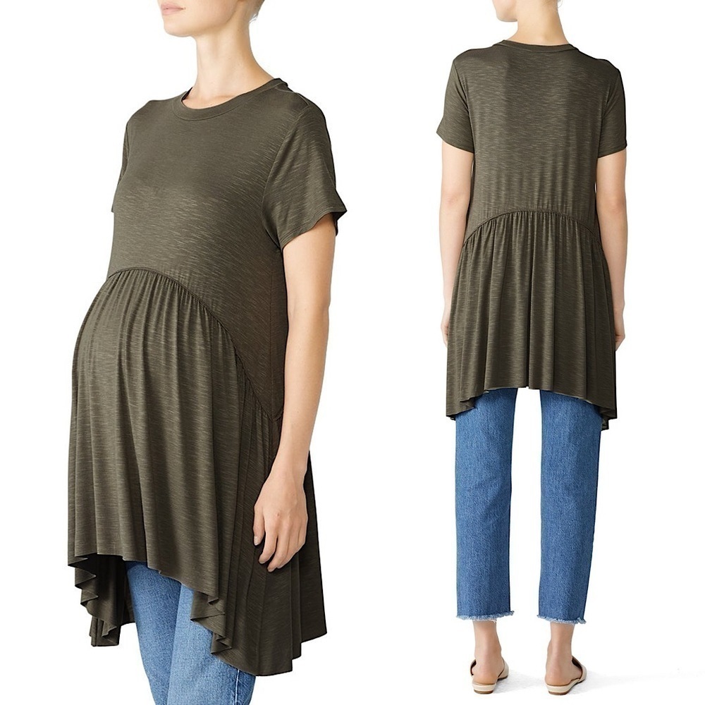 INGRID & ISABEL Olive Short Sleeve Flowy  Handkerchief Hem Maternity Tunic Top S